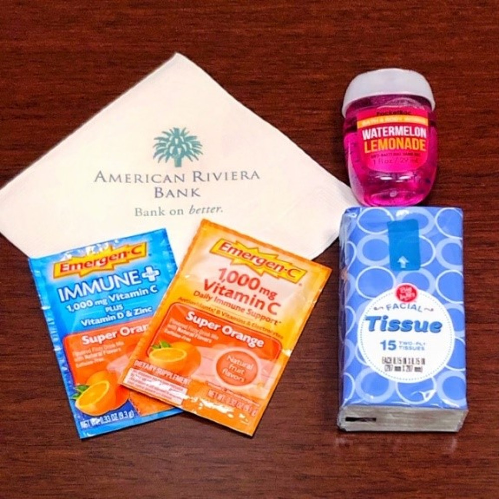 napkin, vitamins, tissues and hand sanitizer